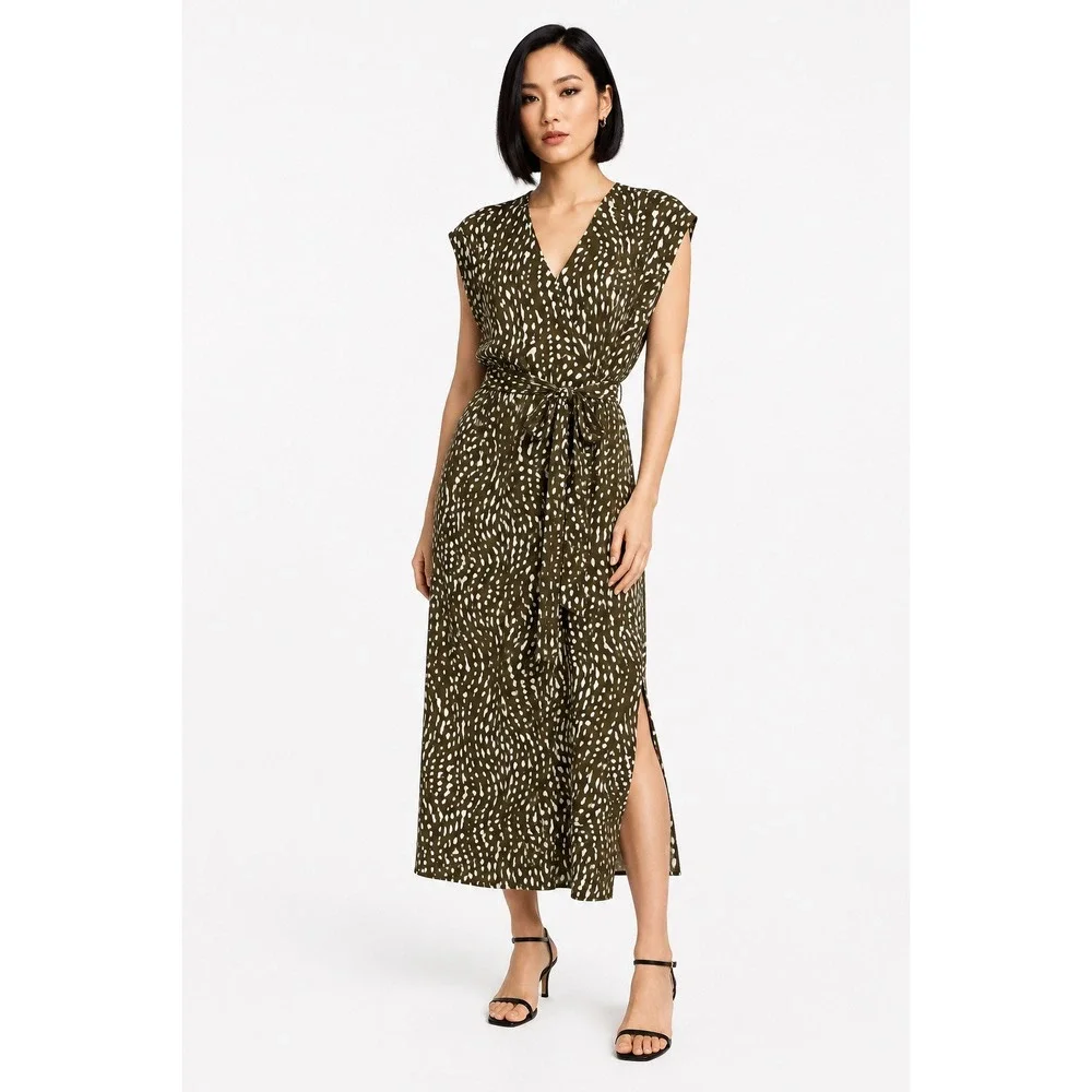 Nine Britton Mari V-Neck Midi Dress Olive Abstract Animal Print Side Slit M NEW